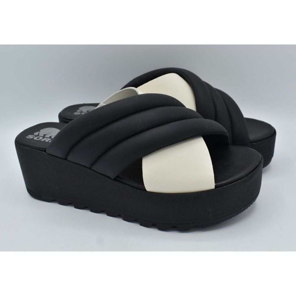 Sorel Womens Size 10 Cameron Flatform Puff Black Sea Salt Leather Sandals